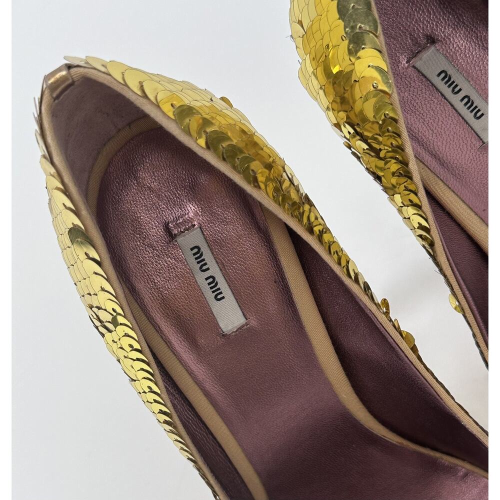 Miu Miu Gold Sequin Open Toe Heels Made In Italy … - image 4